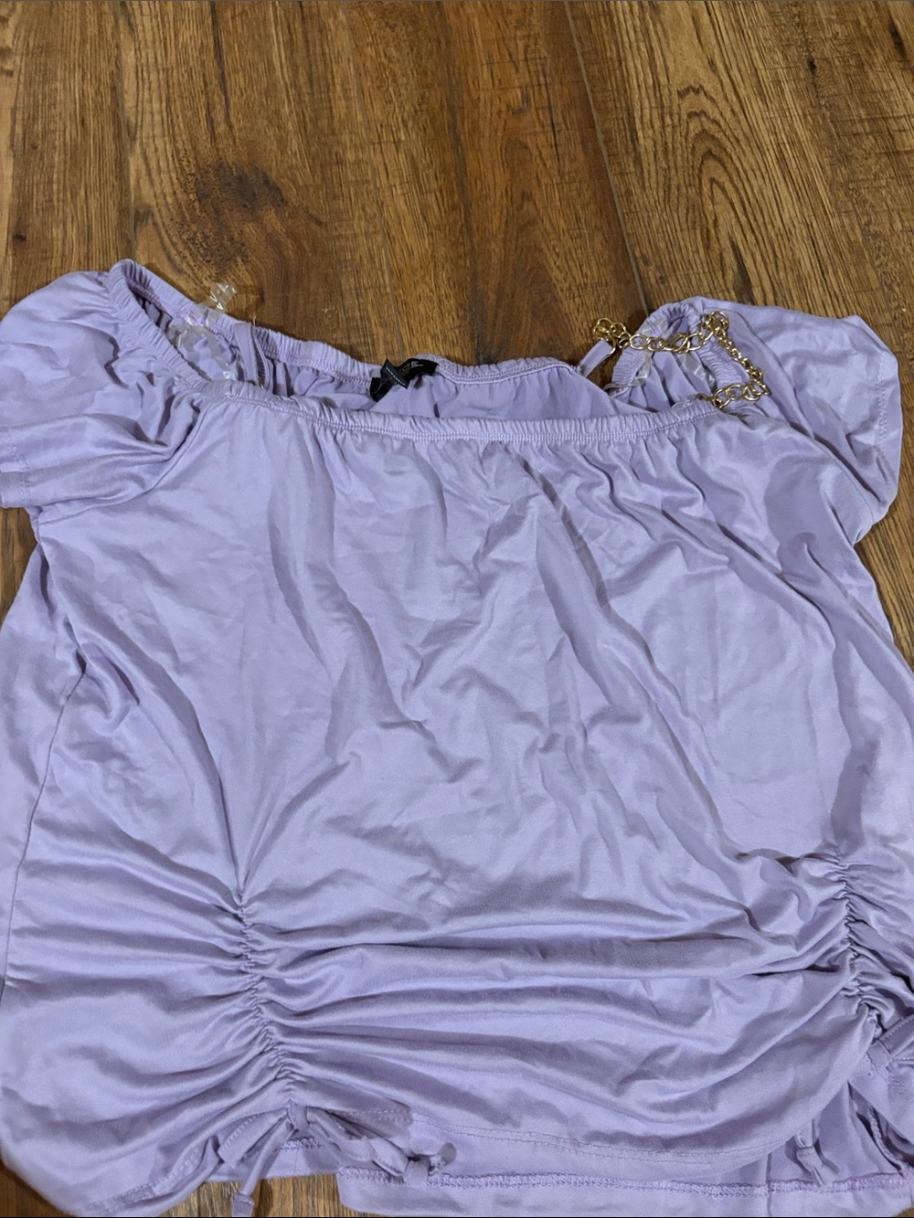 Rainbow Lilac Off-Shoulder Top with Gold Chain Detail